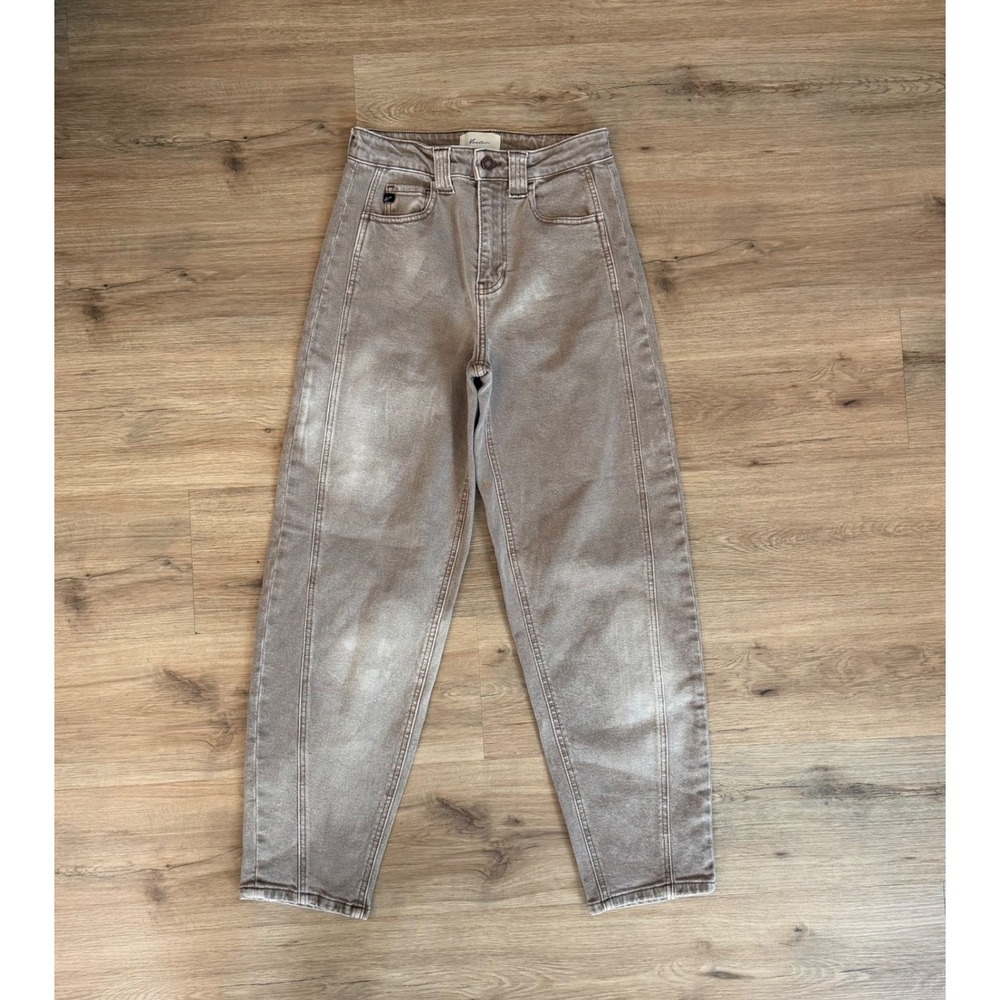KanCan High Rise Front Seam Barrel Leg Jeans Taupe 0/23* Distressed Baggy